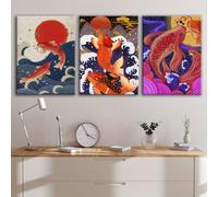 Ensemble de 3 toiles décoratives représentant des carpes koï japonaises et des vagues, pour salon ou chambre (55 x 75 cm x 3 / Sans cadre)