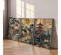 Ensemble de 3 toiles imprimées représentant des paysages japonais, des maisons et des pagodes au lever du soleil, dans un style rétro, pour une décoration murale moderne (30 x 40 cm x 3 / sans cadre)