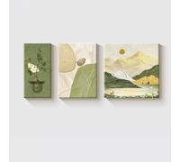 Ensemble De 3 Toiles sans Cadre, Texturées 3D, Effet Grès, avec Vase Et Plante Aquatique, Décor Mural Minimaliste De Paysage De Montagne, Idéal pour Le Salon Ou Le Canapé. Large