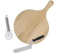 Fackelmann Ensemble 3 ustensiles pour pizza pelle/planche/roulette inox/plastique/bois 18,5–34 cm