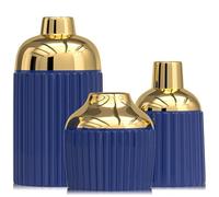 Ensemble de 3 vases en céramique dorée pour la décoration intérieure - Vases décoratifs Modernes pour Fleurs, Herbe de la Pampa et Eucalyptus - Design côtelé et esthétique (Bleu)