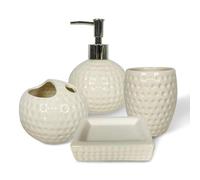 Ensemble de 4 accessoires de décoration de salle de bain en céramique comprenant un distributeur de savon, une lotion, un gobelet, un porte-brosse à dents, un décor côtier (blanc)