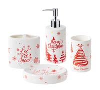 Ensemble de 4 accessoires de salle de bain de Noël en céramique, distributeur de lotion, porte-brosse à dents, gobelet, porte-savon, décoration côtière (blanc)