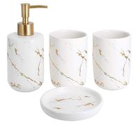 Ensemble de 4 Accessoires de Salle de Bain en céramique avec Distributeur de Savon, gobelets, Porte-Savon (Blanc)