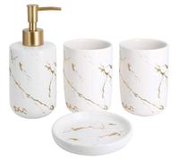 Ensemble de 4 Accessoires de Salle de Bain en céramique avec Distributeur de Savon, gobelets, Porte-Savon (Blanc)