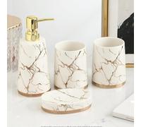 Ensemble de 4 accessoires de salle de bain en céramique pour salle de bain avec distributeur de savon, 2 tasses pour rince-bouche - Décoration côtière exquise - Blanc