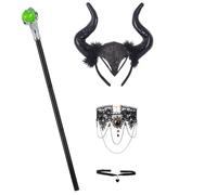 Ensemble de 4 accessoires pour costume de diable d'Halloween, serre-tête à cornes de mouton, masque de démon, baguette magique verte de sorcière, collier gothique, pendentif, cosplay, carnaval