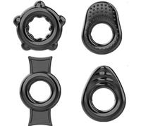Ensemble de 4 anneaux péniens noirs super réutilisable anneaux péniens en silicone souple et élastique (B)