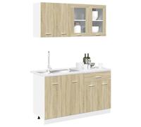 Ensemble de 4 armoires de cuisine Lyon en chêne Sonoma - Meuble bas + meuble bas à tiroirs + armoire suspendue + armoire suspendue en verre (80 x 46 x 81,5 cm à 80 x 31 x 60 cm) - En bois - Montage