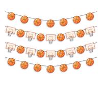 Ensemble de 4 bannières décoratives sur le thème du basketball, avec guirlande et paniers, prêtes à être suspendues. Idéales pour les fêtes d'anniversaire, les jours de match et les événements sporti