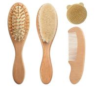 Ensemble de 4 Brosses et Peignes pour Bebe en Bois, Brosse Cheveux Bébé avec Poils de Chèvre Doux, Kit de Soin Capillaire Anti Croûtes de Lait pour Nouveau-né et Enfant, Idéal Cadeau Naissance et Baby