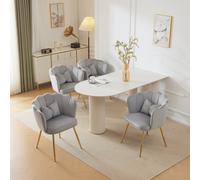 Ensemble de 4 Chaises de Salle à Manger et Salon en Velours avec Dossier en Pétale, Pieds Métalliques Dorés et Coussins en Papillon, 63x58x77 cm, Gris