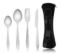 Ensemble de 4 couverts avec sac portable, couverts en acier inoxydable, ustensiles de camping avec sac en néoprène pour extérieur, voyage, pique-nique, bureau, école, boîte à déjeuner