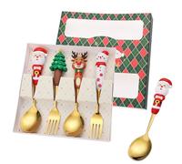 Ensemble de 4 couverts de Noël avec cuillère et fourchette - Cuillère de service de Noël - Fourchettes à café, crème glacée, dessert, cuillères à café - Cadeaux pour femme et maman (vert doré)