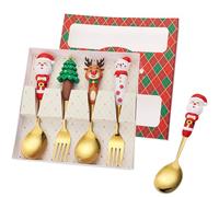 Ensemble de 4 couverts de Noël avec cuillère et fourchette - Cuillère de service de Noël - Fourchettes à café, crème glacée, dessert, cuillères à café - Cadeaux pour femme et maman - Rouge doré
