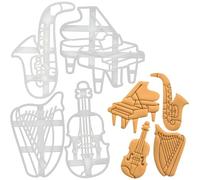 ensemble de 4 emporte-pièces pour instruments de musique (motifs: harpe, piano à queue, saxophone, violon), 4 pièces
