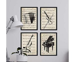 Ensemble de 4 feuilles d'Encyclopédie Vintage avec Instruments et Partitions. Piano, violon, violoncelle, accordéon. Musique classique. A4 Sans cadre.. Sans cadre.