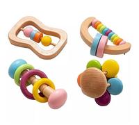 Ensemble de 4 hochets colorés bio pour bébé, en bois de qualité alimentaire, avec bracelet et anneau de dentition, jouet Montessori