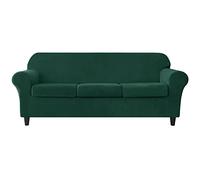 Ensemble de 4 housses de canapé en velours extensible pour canapé 3 places avec 3 housses de coussin séparées - Protection de meubles, idéale pour décoration d'intérieur - Vert foncé