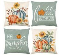 Ensemble de 4 housses de coussin contemporaines en lin, motif citrouille et tournesol d'automne, fermeture à glissière invisible, lavable en machine, coussins décoratifs pour différentes pièces 45*45C