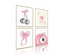 Ensemble de 4 imprimés muraux tendance Preppy en rose Coquette, décoration murale avec nœud papillon et cerises, joli cadeau pour chambre de fille au collège et en résidence universitaire, sans cadre