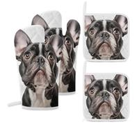 Ensemble de 4 maniques et Gants de Cuisine antidérapants et résistants à la Chaleur, Motif Bouledogue français. Idéal pour Cuisiner, pâtisser, Griller et Faire des barbecues.