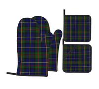 Ensemble de 4 maniques et Gants de Cuisine résistants à la Chaleur, Motif Tartan Clan Macleod of Harris, avec Poche de Protection pour ustensiles, pour Griller, Cuire au Four et préparer des Plats.