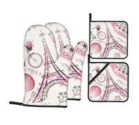 Ensemble de 4 maniques et Gants de Cuisine Roses à l'effigie de la Tour Eiffel de Paris, résistants à la Chaleur jusqu'à 500 degrés, en Coton Extra épais et Long, pour la Cuisson.