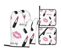 Ensemble de 4 maniques et protège-poignées | Collection Maquillage à Motif Rose « Rouge à lèvres et Baisers » | Gants de Cuisine résistants à la Chaleur avec Boucle de Suspension pour Le Barbecue