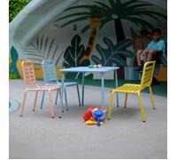 casa.pro Ensemble de Table 2 Chaises et Banc pour Enfants Extérieur Intérieur Jardin Résistant Bords Arrondis Pieds Antidérapants pour Manger Jouer Acier Bleu Jaune Rose