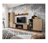 Ensemble de 4 meubles pour salon ""Liam"" en bois avec cheminée - Beige/noir - Eclairage LED