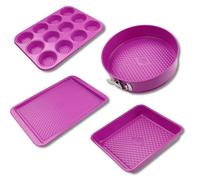 Tasty 9983750 Ensemble de 4 moules à pâtisserie fuchsia, moule pour 12 muffin, moule à charnière, plaque à pâtisserie, moule à brownie, Acier au carbone, rose fuchsia, De 23 à 38 cm