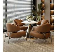 Ensemble de 4 petites tables rondes de conférence et chaises, avec chaises en cuir marron 70 cm/27,5 pouces, idéal pour un espace de réception ou de négociation.
