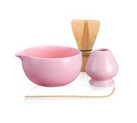 Ensemble de 4 pièces à matcha de qualité supérieure : fouet en bambou authentique, bol en céramique, support, cuillère - Collection complète rose pour cérémonie du thé japonaise - Parfait pour les