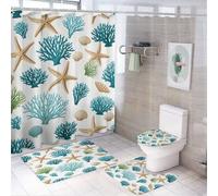 Ensemble de 4 pièces comprenant un rideau de douche (183 x 183 cm) à motifs marins (étoiles de mer, coraux, vie marine), un couvre-abattant de toilette antidérapant, un tapis en forme de U et un ense