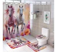 Ensemble de 4 pièces comprenant un rideau de douche aquarelle motif chevaux et fleurs (72 po x 72 po), un couvre-abattant de toilette antidérapant, un tapis en forme de U et un ensemble de décoration