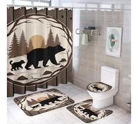 Ensemble de 4 pièces comprenant un rideau de douche avec motif ourson, arbre et soleil (72 po x 72 po), un couvre-abattant de toilette antidérapant, un tapis en forme de U et un ensemble de décoratio
