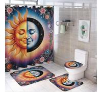 Ensemble de 4 pièces comprenant un rideau de douche bleu soleil et lune magique (183 cm x 183 cm), un couvre-abattant de toilette antidérapant, un tapis en forme de U et un ensemble de décoration de