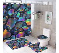 Ensemble de 4 pièces comprenant un rideau de douche en cristal à fragments mystiques (183 cm x 183 cm), un couvre-abattant de toilette antidérapant, un tapis en forme de U et un ensemble de décoratio