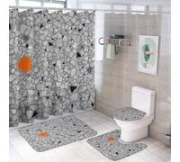 Ensemble de 4 pièces comprenant un rideau de douche gris à motif de galets abstraits (72 po x 72 po), un couvre-abattant de toilette antidérapant, un tapis en forme de U et un ensemble de décoration