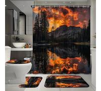 Ensemble de 4 pièces comprenant un rideau de douche imperméable moderne avec 12 crochets, un tapis de bain, un tapis en forme de U et un couvre-toilettes, le tout sur un thème de paysage de montagne.
