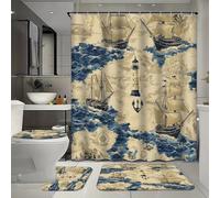 Ensemble de 4 pièces comprenant un rideau de douche imperméable rétro rustique avec 12 crochets, un tapis de bain, un tapis en forme de U et un couvre-toilettes, le tout décoré de motifs de voiliers