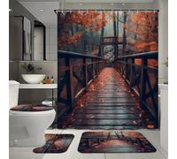 Ensemble de 4 pièces comprenant un rideau de douche imperméable rustique vintage avec 12 crochets, un tapis de bain, un tapis en forme de U et un couvre-toilettes, le tout orné d'un paysage automnal