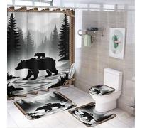Ensemble de 4 pièces comprenant un rideau de douche « Ourson au bord de la rivière » (183 x 183 cm), un couvre-abattant de toilette antidérapant, un tapis en forme de U et un ensemble de décoration d
