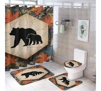 Ensemble de 4 pièces comprenant un rideau de douche rétro hexagonal en forme d'érable et d'ourson (72 po x 72 po), un couvre-abattant de toilette antidérapant, un tapis en forme de U et un ensemble d