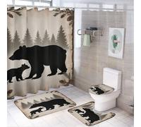 Ensemble de 4 pièces comprenant un rideau de douche rétro ourson et sapin (183 x 183 cm), un couvre-abattant de toilette antidérapant, un tapis en forme de U et un ensemble de décoration de salle de