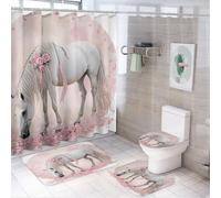 Ensemble de 4 pièces comprenant un rideau de douche romantique à motif de chevaux et de roses (72 po x 72 po), un couvre-abattant de toilette antidérapant, un tapis en forme de U et un ensemble de dé