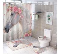 Ensemble de 4 pièces comprenant un rideau de douche romantique à motif de roses et de chevaux (72 po x 72 po), un couvre-abattant de toilette antidérapant, un tapis en forme de U et un ensemble de dé