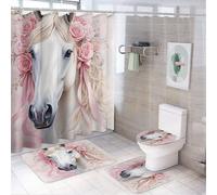 Ensemble de 4 pièces comprenant un rideau de douche romantique à motif de rosiers et de chevaux (72 po x 72 po), un couvre-abattant de toilette antidérapant, un tapis en forme de U et un ensemble de