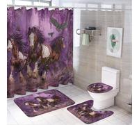 Ensemble de 4 pièces comprenant un rideau de douche rustique à motifs de chevaux, oiseaux, arbres et fleurs (72 po x 72 po), un couvre-abattant de toilette antidérapant, un tapis en forme de U et un